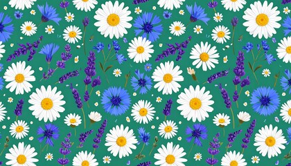 Floral pattern of daisies, cornflowers, and lavender on a teal background