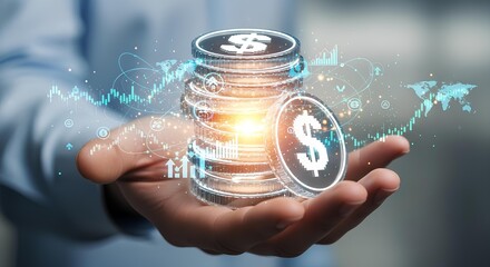 A person holds a stack of dollar coins with digital financial data and graph overlays.