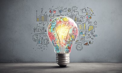Illuminated lightbulb with colorful, business-related sketches on a gray background