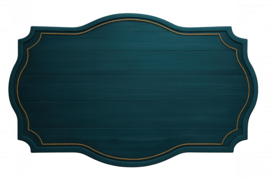 Empty teal wooden sign with golden border, perfect for adding custom text or designs, isolated on transparent background