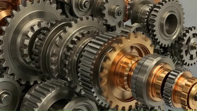 Closeup of metallic gears and machinery parts interlocking