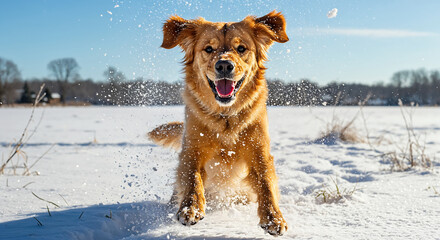 Joyful Golden Retriever Puppy Jumping in Snow with Snowflakes and Winter Sunlight