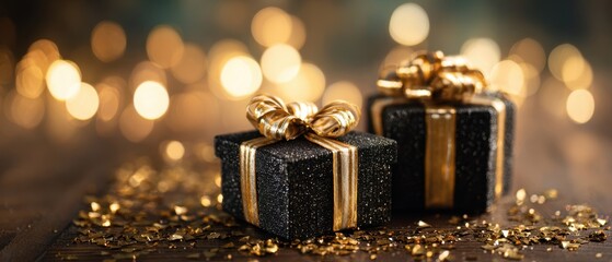 The elegant black and gold presents beautifully wrapped for a festive celebration.