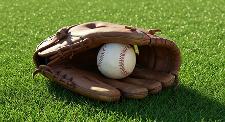 Baseball Mitt with Ball on Green Grass Field in Sunny Day