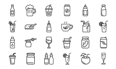 Collection of black and white drink and beverage icons, soda, beer, bubble tea, juice, coffee, tea, wine, cocktails, smoothies, honey jar, pickle jar, milk carton, energy drink, condiment bottles, and