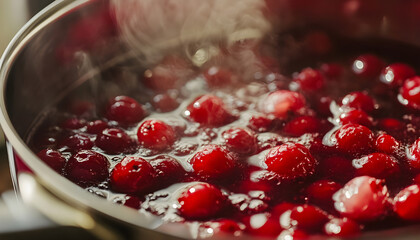 Various red berries are boiling in a pot. Homemade jam making process, close-up of food