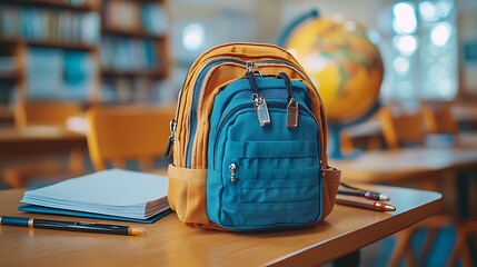 Back to school Backpack with books, and and a globe on a desk in a classroom.