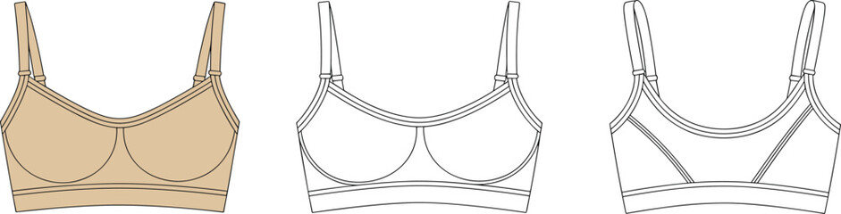 CAD drawing flat vector illustration of sports bra, front and back views, fashion technical sketch, women’s garment design, activewear layout CAD drawing 