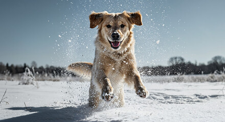 Joyful Golden Retriever Puppy Jumping in Snow with Snowflakes and Winter Sunlight