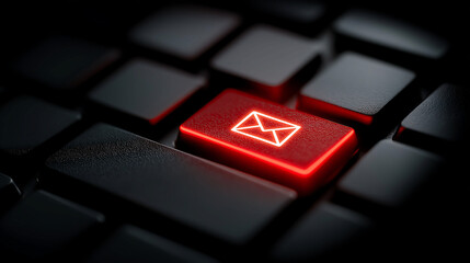 Red glowing envelope email letter icon on button computer keyboard. Sending email letters concept
