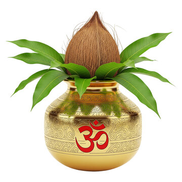 Decorative gold pot, featuring the symbol Om in red. Atop the pot is a coconut and green mango leaves. The pot symbols used in Hindu rituals.