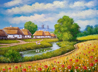 Picturesque Village Landscape with Thatched Roof Houses, River and Poppy Field