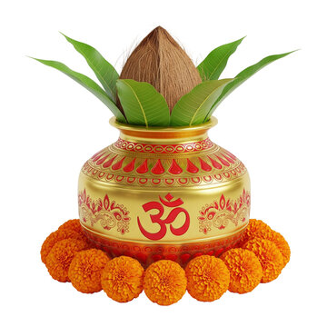 Decorative gold pot, featuring the symbol Om in red. Atop the pot is a coconut and green mango leaves. The pot is surrounded by a ring of orange marigold flowers. The pot symbols used in Hindu rituals