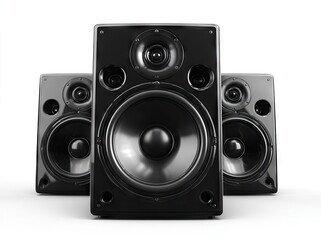 Three black audio speakers against white background