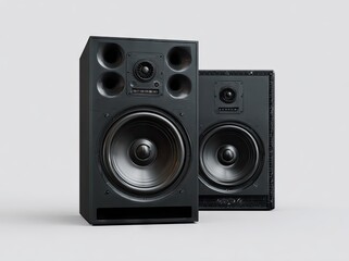 Fototapeta premium Two black studio speakers on a light gray background