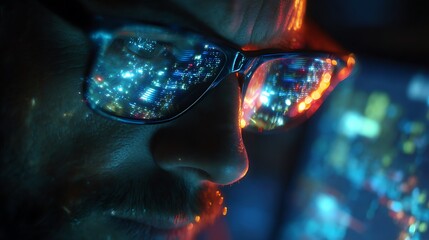 Man gazes into screen, city lights reflect in glasses. Concept: Technology, data, future. Ideal for tech marketing, editorial, website background.