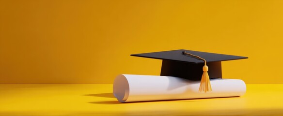 The graduation cap and diploma on a vibrant yellow background.