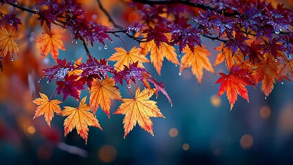 Close-up of colorful maple leaves on a tree branch with raindrops, glowing in soft autumn light against a blurred background. - Powered by Adobe
