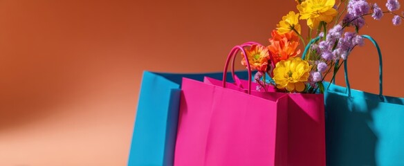 The vibrant shopping bags filled with colorful flowers in a stylish arrangement.