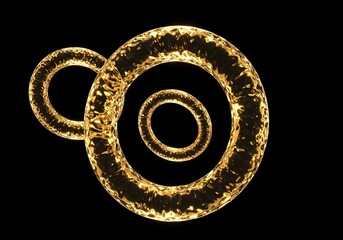 Abstract Golden Rings on Black Background, Glowing Geometric Shapes for Designs, Art.