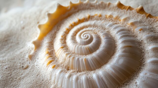Close up of a spiral seashell with intricate patterns and texture in a sandy environment outdoors - Powered by Adobe