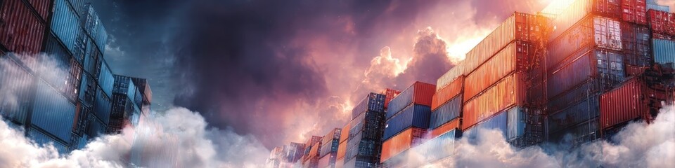 Fototapeta premium Dramatic Cloudy Sky Over Colorful Shipping Containers