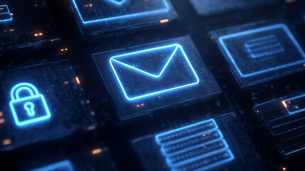Glowing blue email icon on a futuristic digital interface with technology elements.