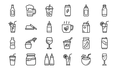 Collection of black and white drink and beverage icons, soda, beer, bubble tea, juice, coffee, tea, wine, cocktails, smoothies, honey jar, pickle jar, milk carton, energy drink, condiment bottles, and