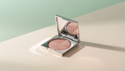 Square compact makeup case with pressed powder on dual color surface
