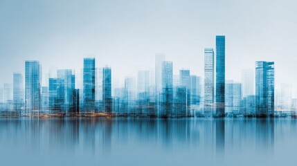 Fototapeta premium City skyline reflected in still water.