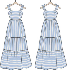 CAD drawing flat vector illustration of striped tiered maxi dress with tied shoulder straps, sleeveless design, front and back views, sketch