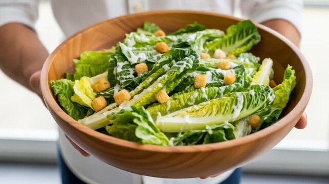 Person holding a wooden bowl of caesar salad with romaine lettuce and croutons, representing healthy eating, fresh ingredients, and delicious cuisine
