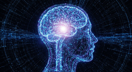 Conceptual illustration of artificial intelligence with a wireframe head, brainwave data and formulas