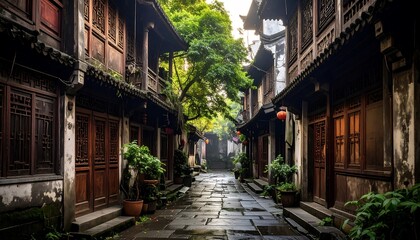 Fototapeta premium Ancient Chinese Alleyway with Traditional Wooden Architecture and Lush Greenery.