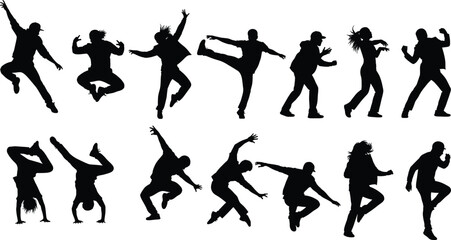 Silhouettes of dancers performing dynamic hip hop breakdance moves, street dance, urban culture, energetic performance, active lifestyle, freestyle dancing, youth expression, vibrant motion.