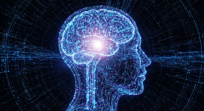 Conceptual illustration of artificial intelligence with a wireframe head, brainwave data and formulas - Powered by Adobe