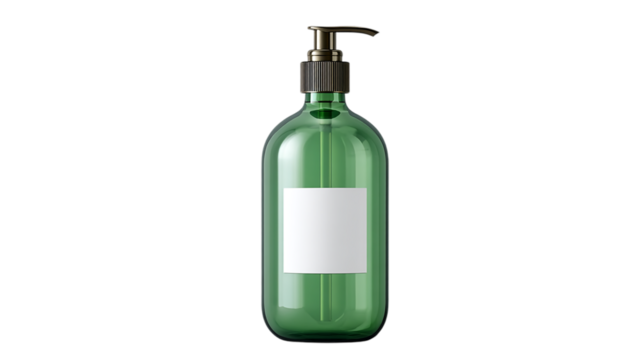 Green glass bottle with pump isolated on transparent background for cosmetics isolated on a transparent background