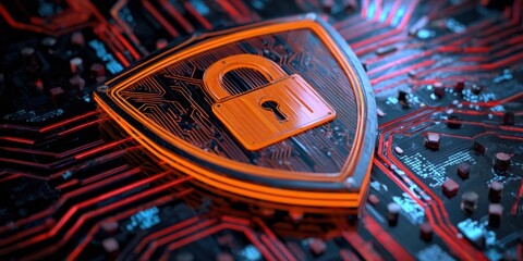 The digital shield with a lock symbolizing modern cybersecurity protection.