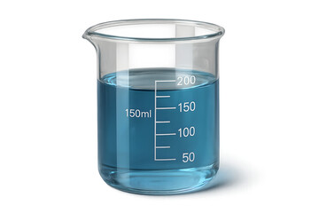  beaker with blue liquid and glass reflections, isolated on transparent background, crisp PNG chemistry symbol