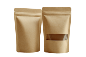 Two kraft paper pouches isolated on transparent background for food packaging isolated on a transparent background