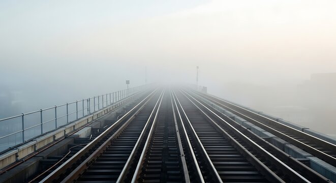 Mystical Railway Tracks Disappearing into Dense Fog: Atmospheric View of Metal Rails Leading into the Unknown.