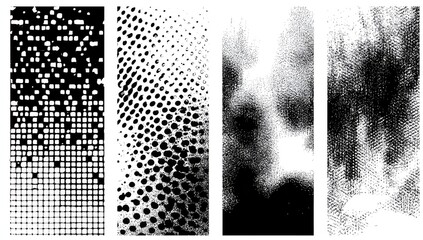 Four vertical monochrome textures, displaying variations in pixelation, dot patterns, and stippling
