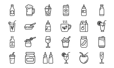 Collection of black and white drink and beverage icons, soda, beer, bubble tea, juice, coffee, tea, wine, cocktails, smoothies, honey jar, pickle jar, milk carton, energy drink, condiment bottles, and