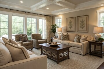 Elegant living room with natural light and comfortable seating