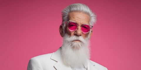 The stylish elderly man with pink sunglasses and a confident pose.