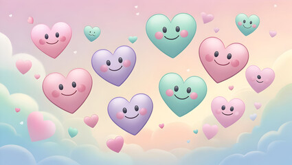 Pastel hearts and smiling emojis in pink and blue sky