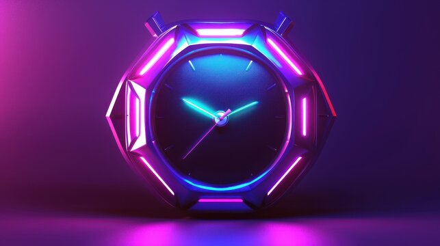 A futuristic clock with neon lights on a purple background. - Powered by Adobe