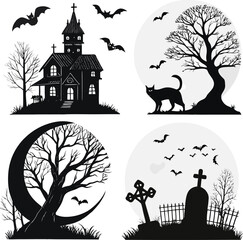 Bundle of 4 spooky illustrations haunted house, crescent moon with bats, graveyard cross, black cat with arched back. All filled with black, clean silhouette style, white background, no text