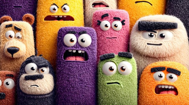 A whimsical gathering of colorful and expressive monster characters with varied emotions