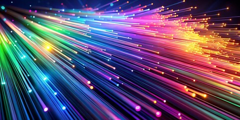 A vibrant display of fiber optic cables transmitting data at high speed, creating a colorful and abstract background that represents modern communication technology